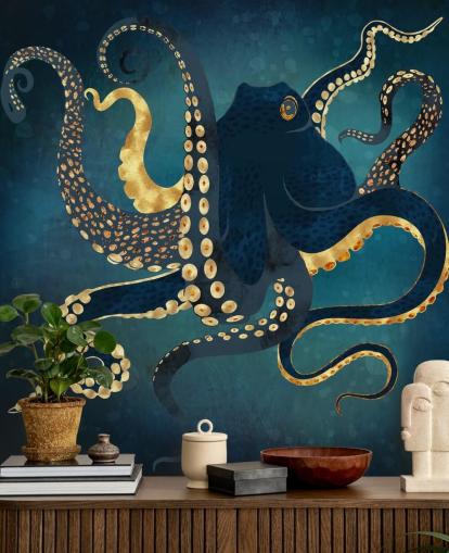 carta da parati murale personalizzabile con polpo blu marino e oro chiamato Metallic Octopus IV di SpaceFrog Designs per bagni carta da parati murale personalizzabile con polpo blu marino e oro chiamato Metallic Octopus IV di SpaceFrog Designs per bagni