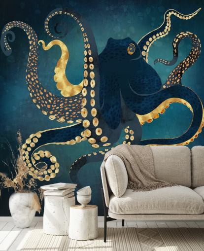 papier peint mural personnalisable en forme de poulpe bleu marine et doré appelé Metallic Octopus IV par SpaceFrog Designs pour salles de bains papier peint mural personnalisable en forme de poulpe bleu marine et doré appelé Metallic Octopus IV par SpaceFrog Designs pour salles de bains
