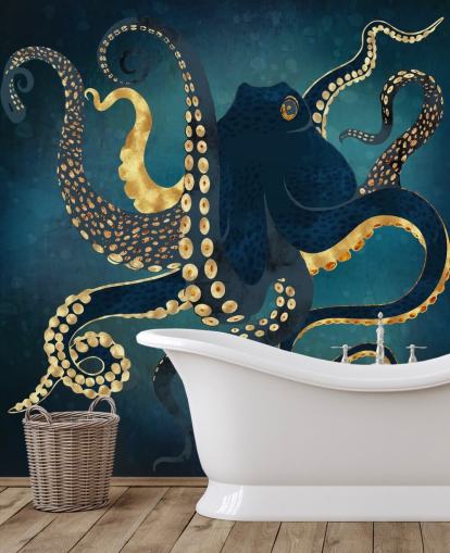 marineblauwe en gouden aanpasbare octopus behangmuurschildering genaamd Metallic Octopus IV van SpaceFrog Designs voor badkamers