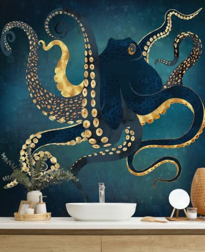 Personalisierbare Oktopus-Tapete in Marineblau und Gold namens Metallic Octopus IV von SpaceFrog Designs für Badezimmer