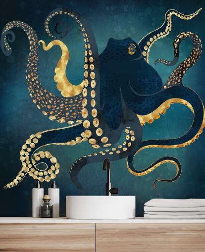 papier peint mural personnalisable en forme de poulpe bleu marine et doré appelé Metallic Octopus IV par SpaceFrog Designs pour salles de bains papier peint mural personnalisable en forme de poulpe bleu marine et doré appelé Metallic Octopus IV par SpaceFrog Designs pour salles de bains