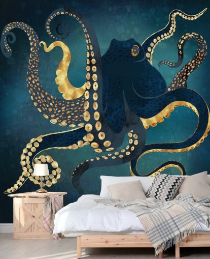 navy and gold customizable octopus wallpaper mural called Metallic Octopus IV by SpaceFrog Designs for bathrooms navy and gold customizable octopus wallpaper mural called Metallic Octopus IV by SpaceFrog Designs for bathrooms