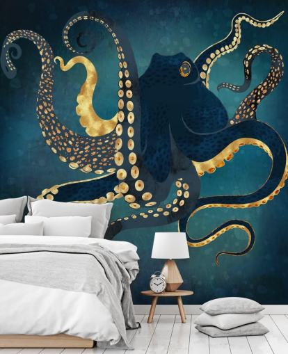 Personalisierbare Oktopus-Tapete in Marineblau und Gold namens Metallic Octopus IV von SpaceFrog Designs für Badezimmer