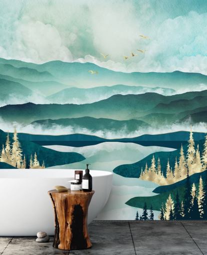 Misty Blue Mountains And a Lake With Golden Trees Misty Blue Mountains And a Lake With Golden Trees