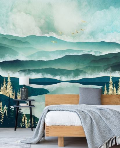 Misty Blue Mountains And a Lake With Golden Trees Wallpaper