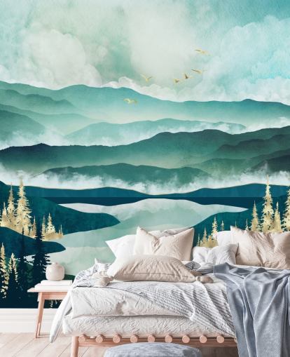 Misty Blue Mountains And a Lake With Golden Trees Misty Blue Mountains And a Lake With Golden Trees