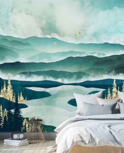 Misty Blue Mountains e un lago con alberi dorati Misty Blue Mountains e un lago con alberi dorati