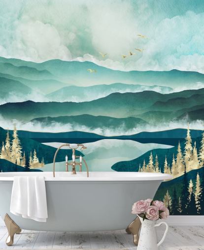 Misty Blue Mountains e un lago con alberi dorati