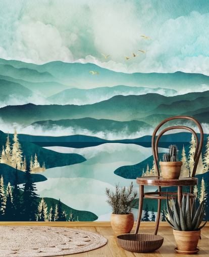 Misty Blue Mountains en een meer met gouden bomen Misty Blue Mountains en een meer met gouden bomen