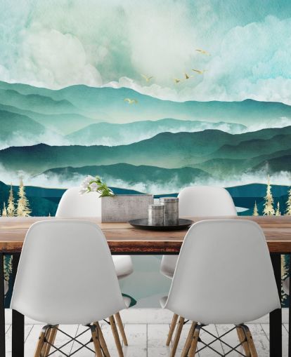 Misty Blue Mountains e un lago con alberi dorati