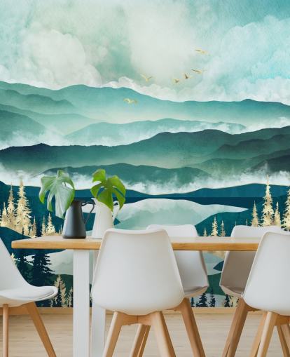 Montagnes bleues brumeuses et un lac avec des arbres dorés Montagnes bleues brumeuses et un lac avec des arbres dorés