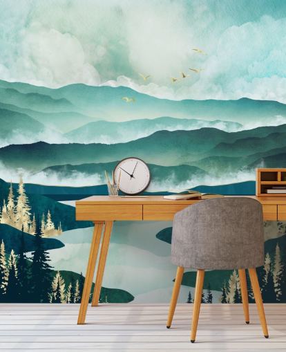 Misty Blue Mountains e un lago con alberi dorati