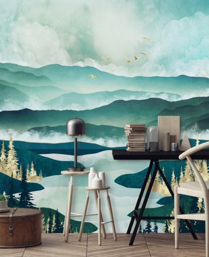 Misty Blue Mountains e un lago con alberi dorati Misty Blue Mountains e un lago con alberi dorati