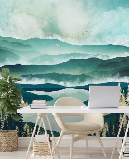 Misty Blue Mountains e un lago con alberi dorati