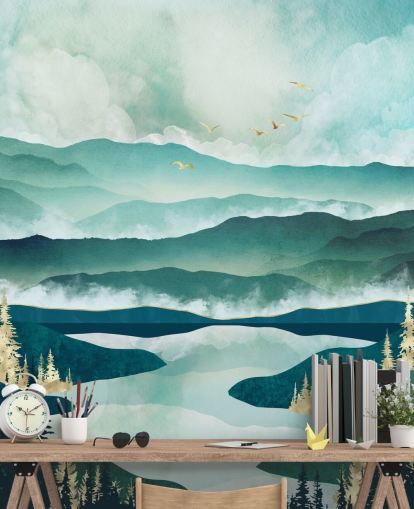 Misty Blue Mountains And a Lake With Golden Trees Wallpaper Misty Blue Mountains And a Lake With Golden Trees Wallpaper