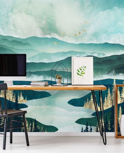 Misty Blue Mountains And a Lake With Golden Trees