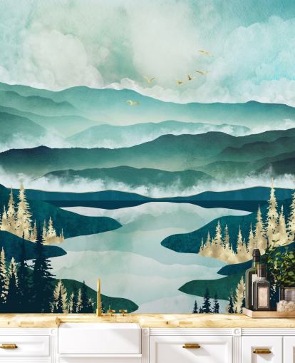 Misty Blue Mountains e un lago con alberi dorati Misty Blue Mountains e un lago con alberi dorati