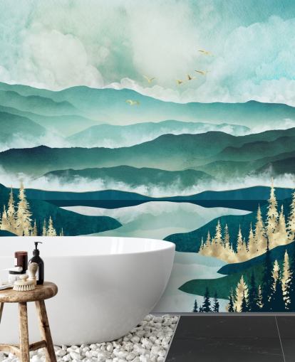 Misty Blue Mountains en een meer met gouden bomen Misty Blue Mountains en een meer met gouden bomen