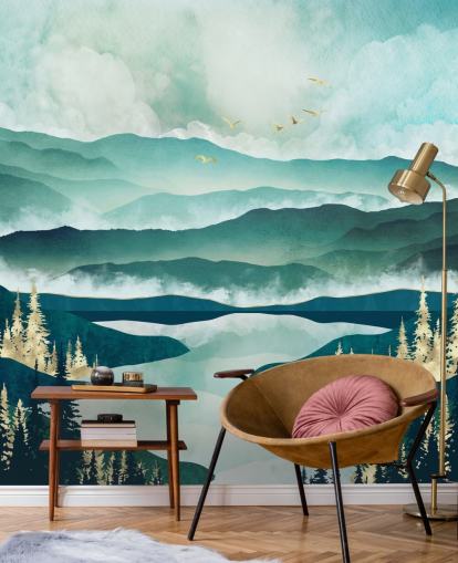 Misty Blue Mountains e un lago con alberi dorati