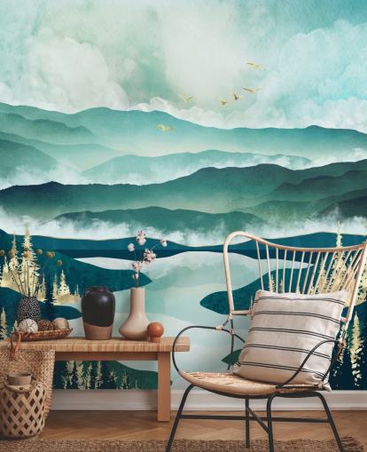 Misty Blue Mountains e un lago con alberi dorati