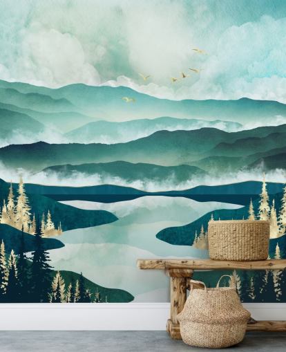 Misty Blue Mountains And a Lake With Golden Trees