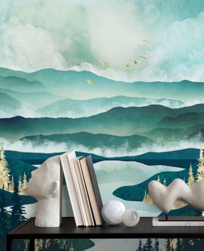 Misty Blue Mountains e un lago con alberi dorati