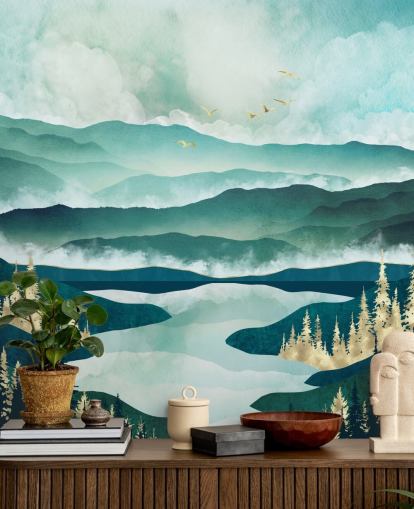 Misty Blue Mountains And a Lake With Golden Trees