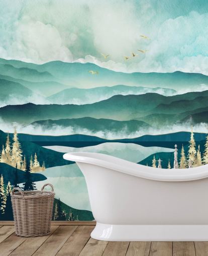 Misty Blue Mountains e un lago con alberi dorati