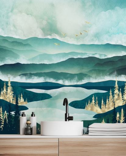 Misty Blue Mountains e un lago con alberi dorati