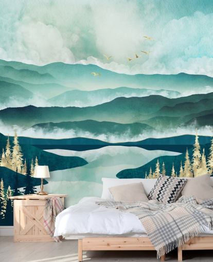 Misty Blue Mountains And a Lake With Golden Trees Wallpaper