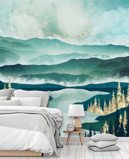 Misty Blue Mountains And a Lake With Golden Trees Misty Blue Mountains And a Lake With Golden Trees