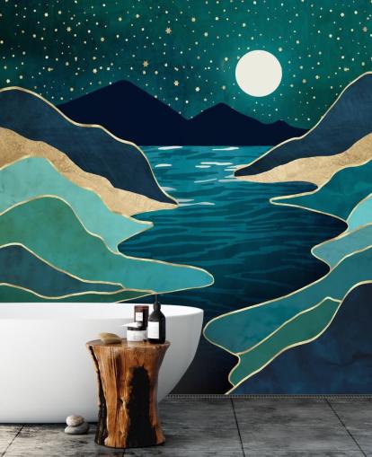 Luna sobre un río azul y montañas Luna sobre un río azul y montañas