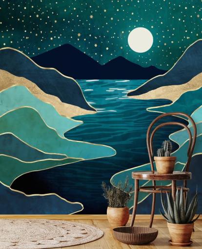 Mond über einem blauen Fluss und Bergen