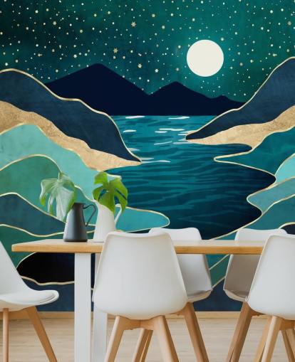 Moon Over a Blue River And Mountains