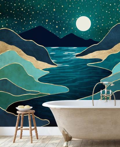 Moon Over a Blue River And Mountains