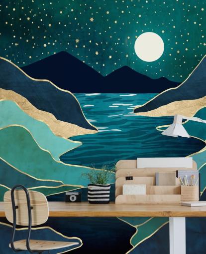 Mond über einem blauen Fluss und Bergen