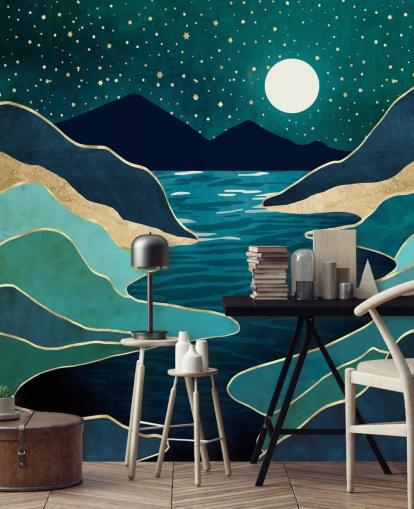 Moon Over a Blue River And Mountains