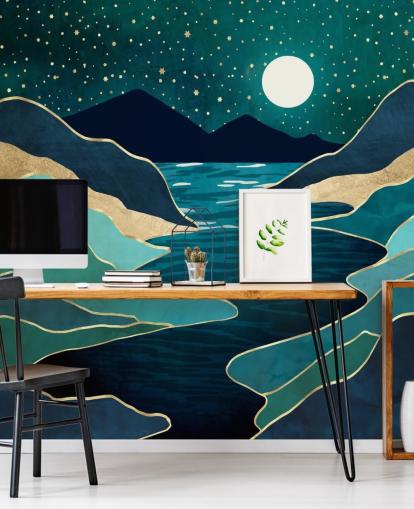 Luna sobre un río azul y montañas