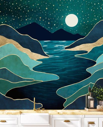 Moon Over a Blue River And Mountains