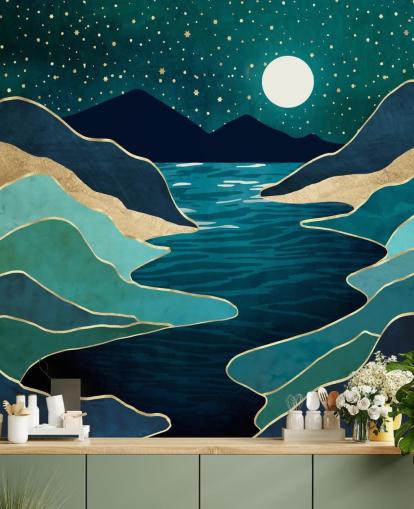 Moon Over a Blue River And Mountains