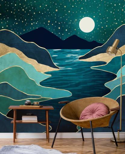 Luna su un fiume blu e le montagne