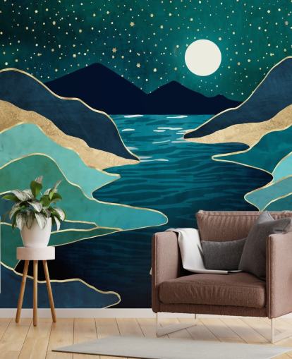 Lune sur une rivière bleue et des montagnes