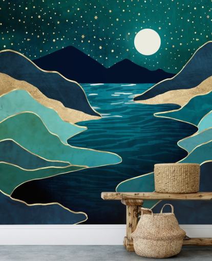 Moon Over a Blue River And Mountains