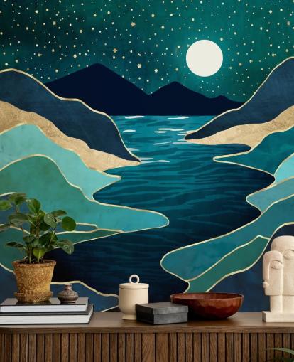 Moon Over a Blue River And Mountains