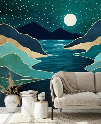 Lune sur une rivière bleue et des montagnes