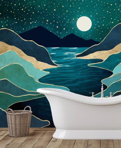 Månen over en blå elv og fjell