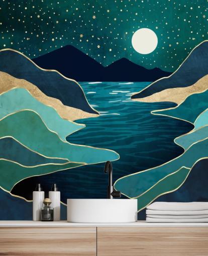 Moon Over a Blue River And Mountains