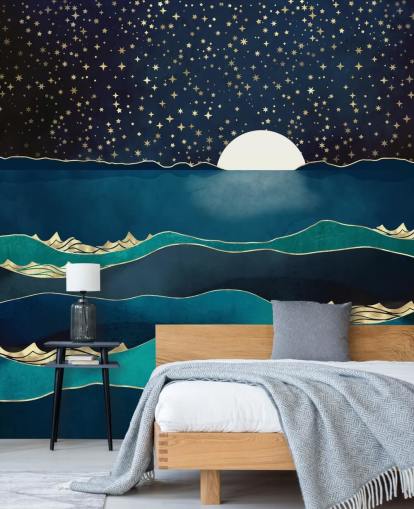 White Moon In a Starry Sky Over a Blue Sea 