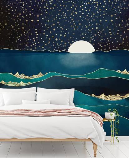 White Moon In a Starry Sky Over a Blue Sea White Moon In a Starry Sky Over a Blue Sea