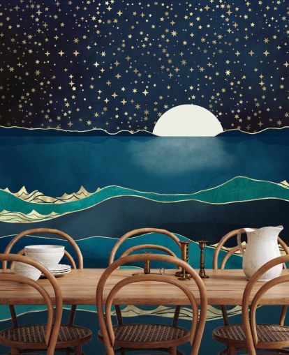 White Moon In a Starry Sky Over a Blue Sea 